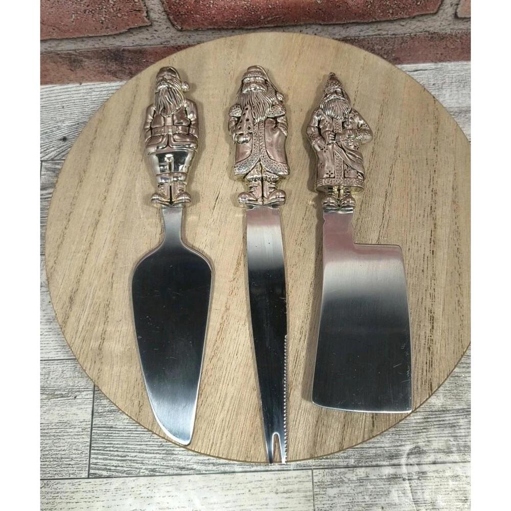 1998 Wallace Silvermiths 3 Piece Silverplated Cheese Knife Set Santa Handles Vtg